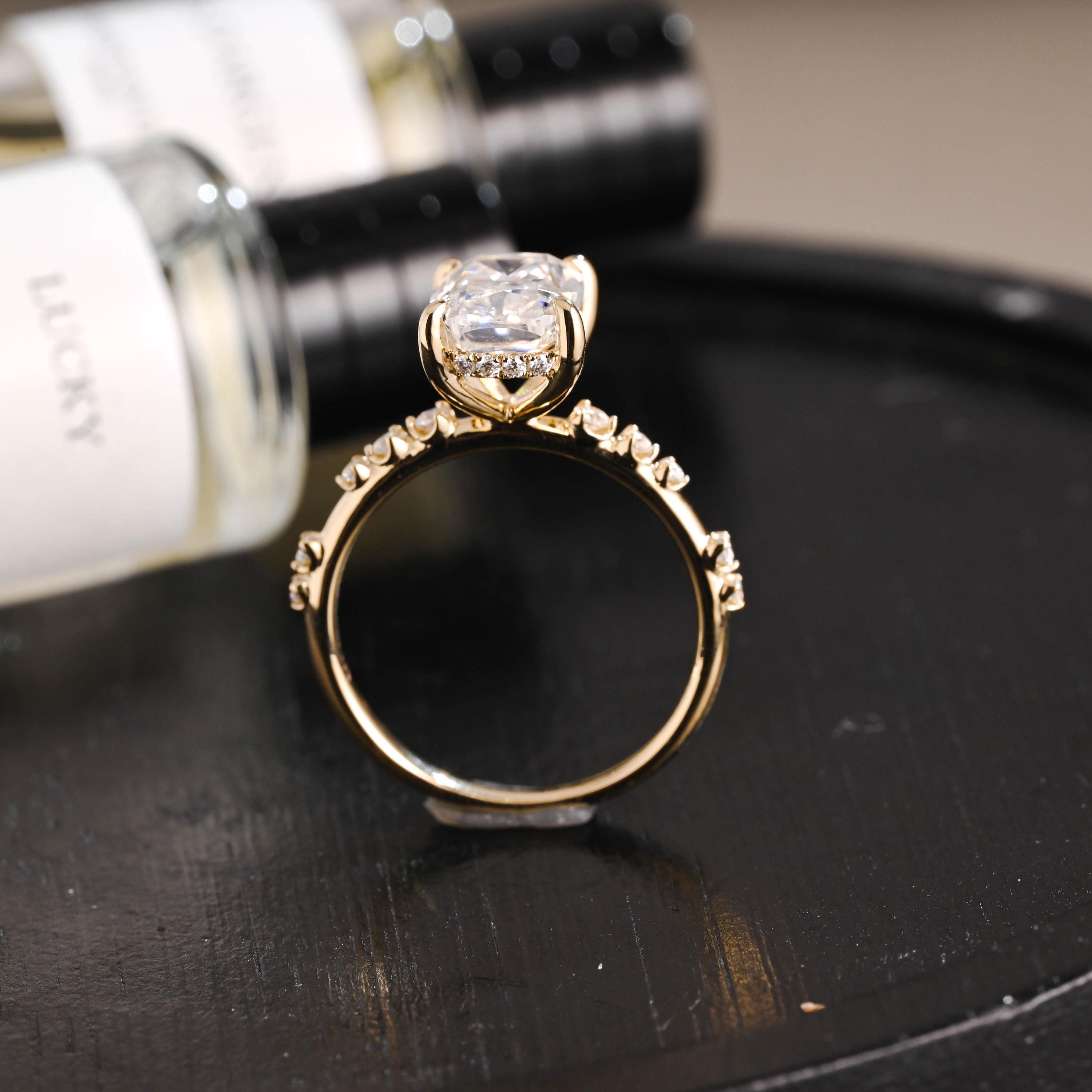 Solid Gold Elongated Cushion Cut Moissanite Engagement Ring, Proposal Ring, Round Cut Promise Ring, Anniversary Gift Birthday Gift for Women