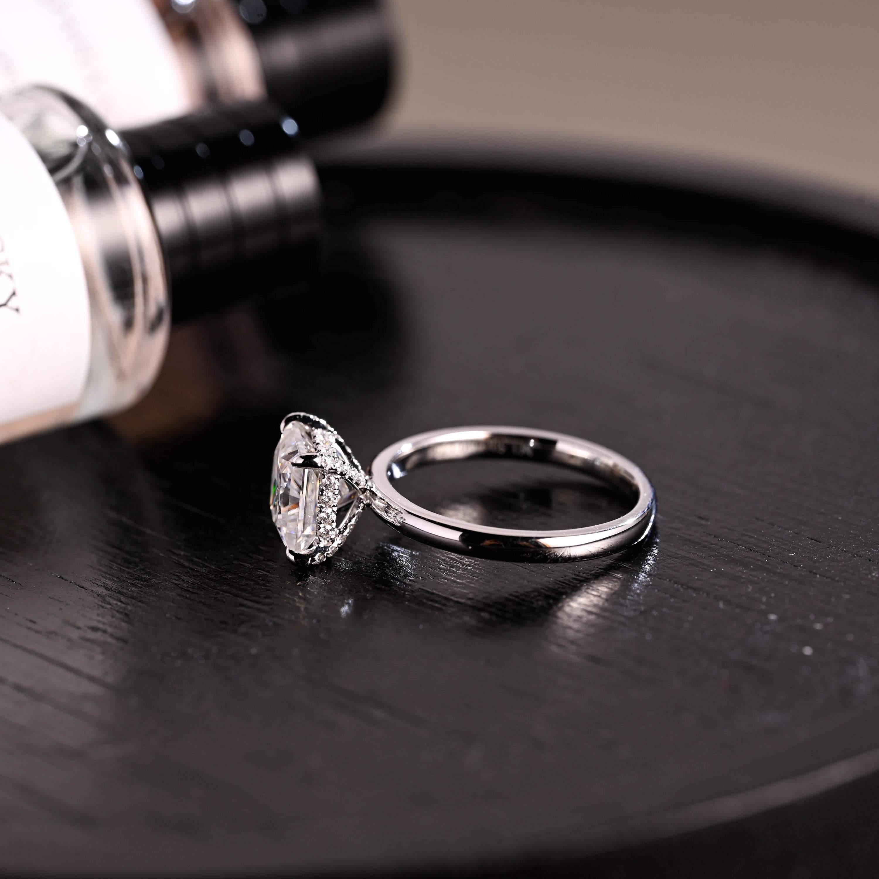 Solid Gold Princess Cut Moissanite Engagement Ring, 4 Prongs Pave Hidden Halo Wedding Ring