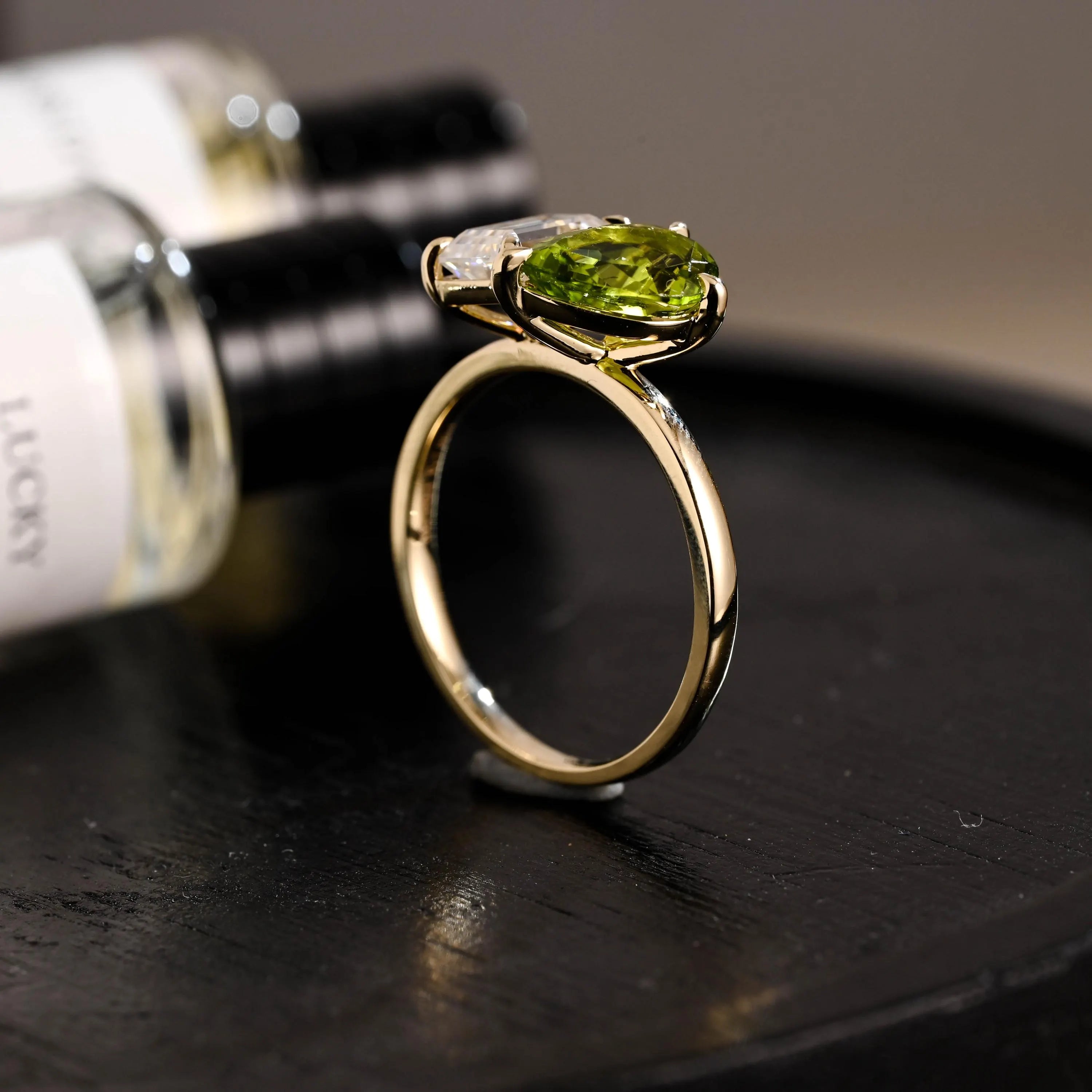 Solid Gold Toi et Moi Emerald Cut Moissanite & Pear Lab Grown Peridot Engagement Ring