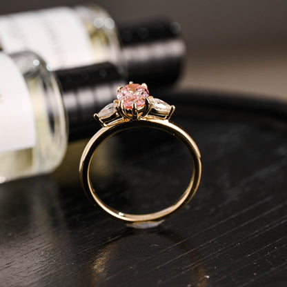 Solid Gold Oval Lab Grown Pink Sapphire Engagement Ring, Three Stone Proposal Ring