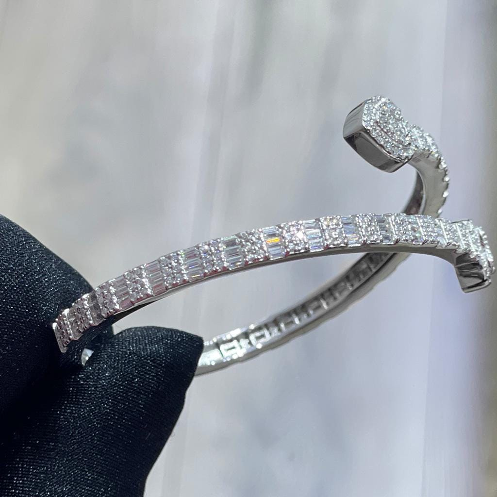 Iced Out Moissanite Heart Bangle Bracelet: 925 Sterling Silver