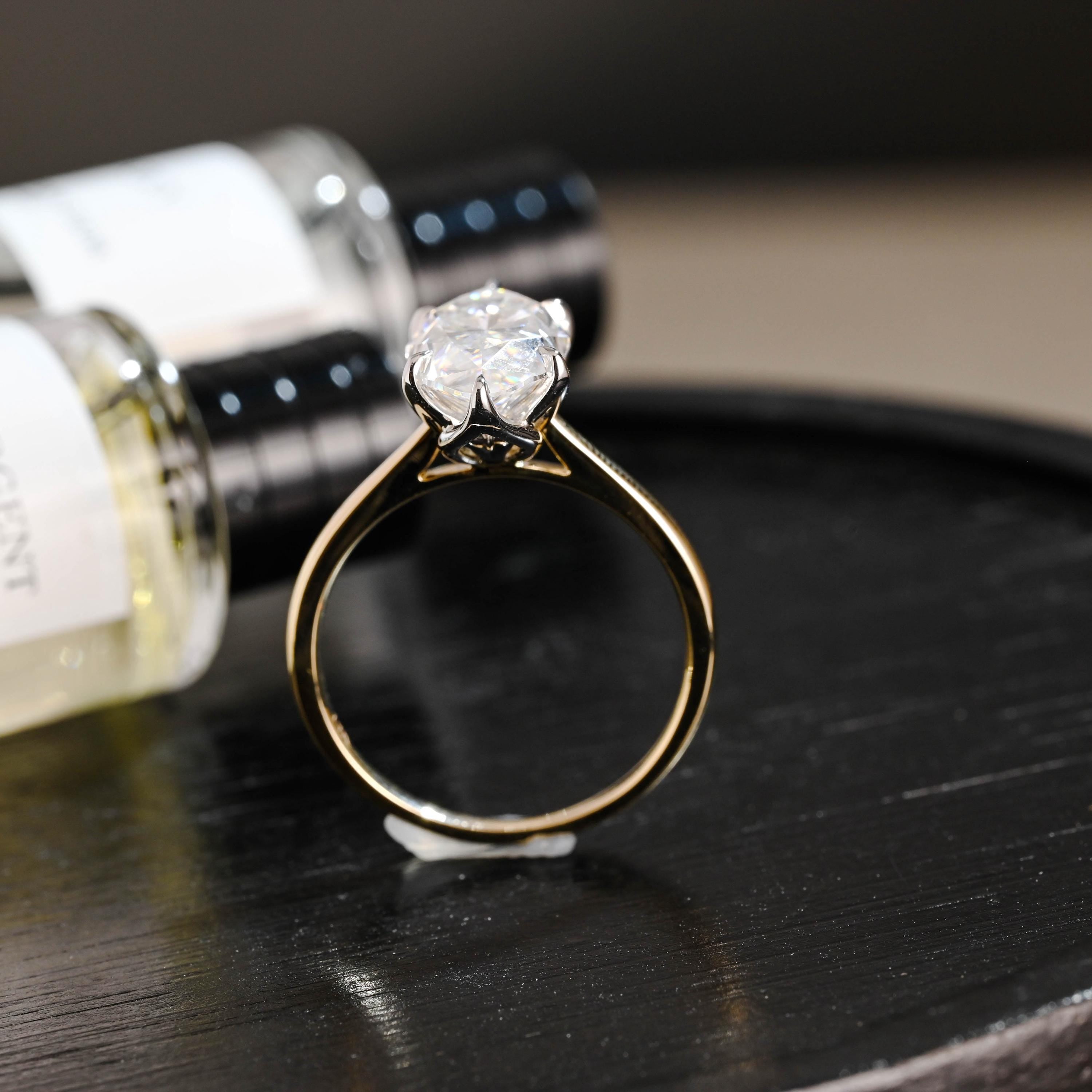 Two Tone Tulip Setting Marquise Moissanite Ring, Solid Gold Engagement Ring