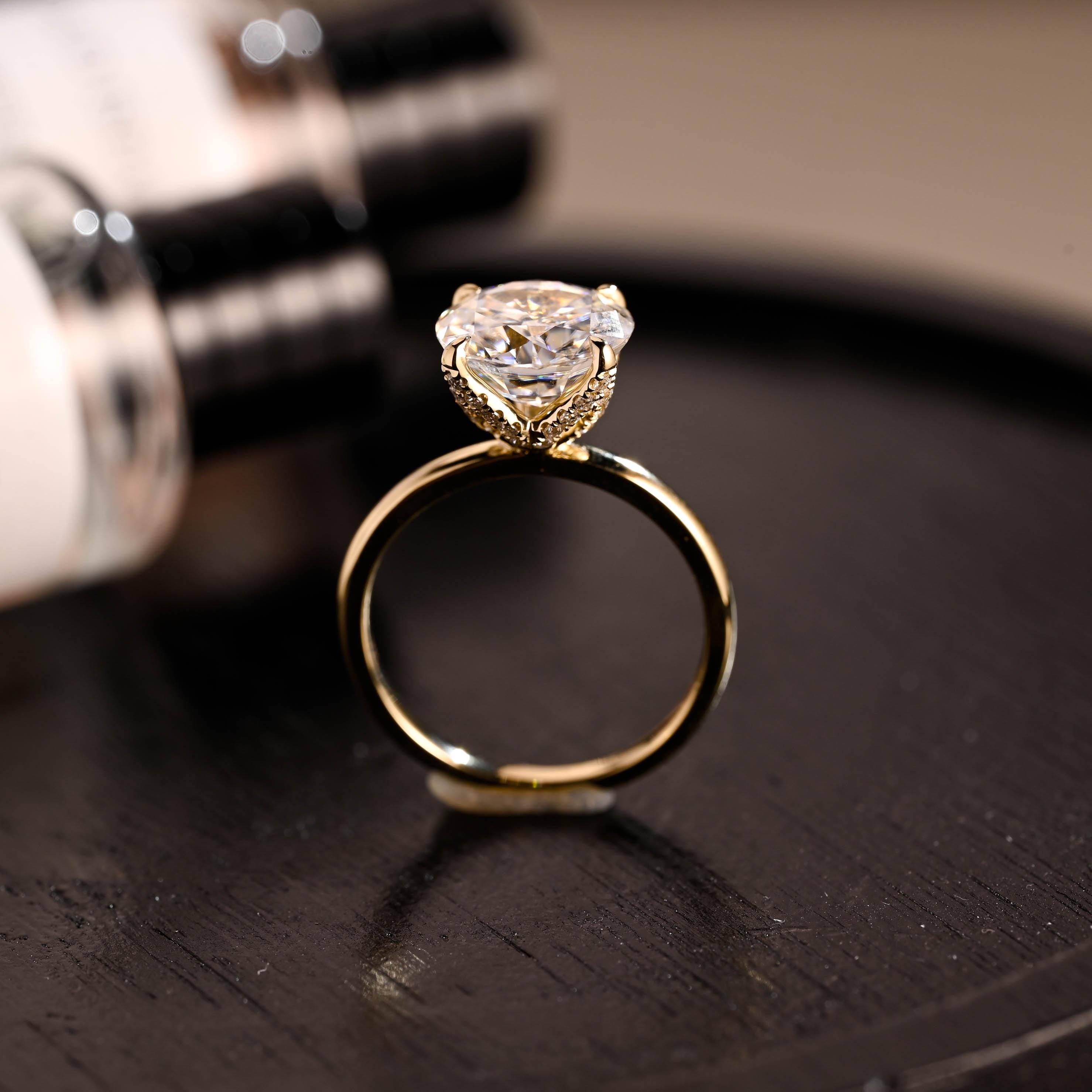 Crushed Ice Moissanite Engagement Ring, Tulip Setting, Solid Gold Hidden Halo