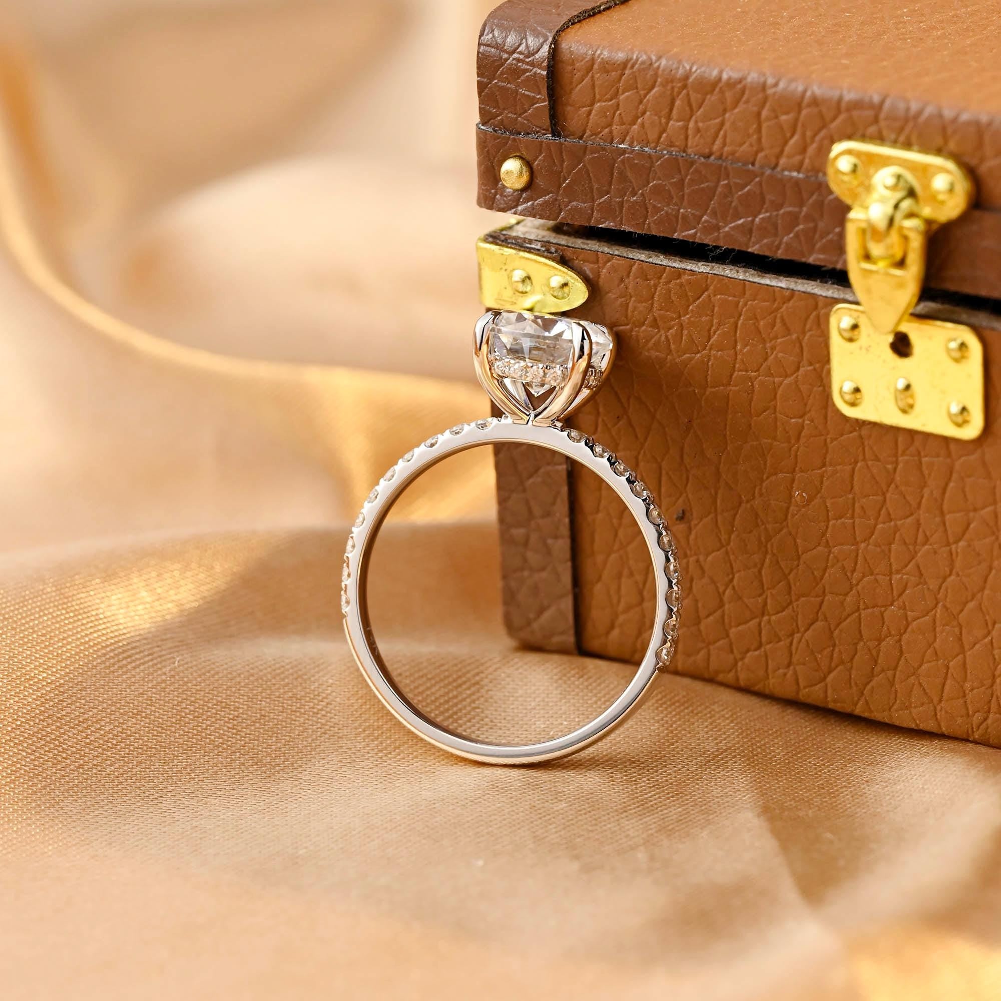 Half Pave Solid Gold Round Cut Moissanite Engagement Ring, Hidden Halo Round Cut Wedding Ring
