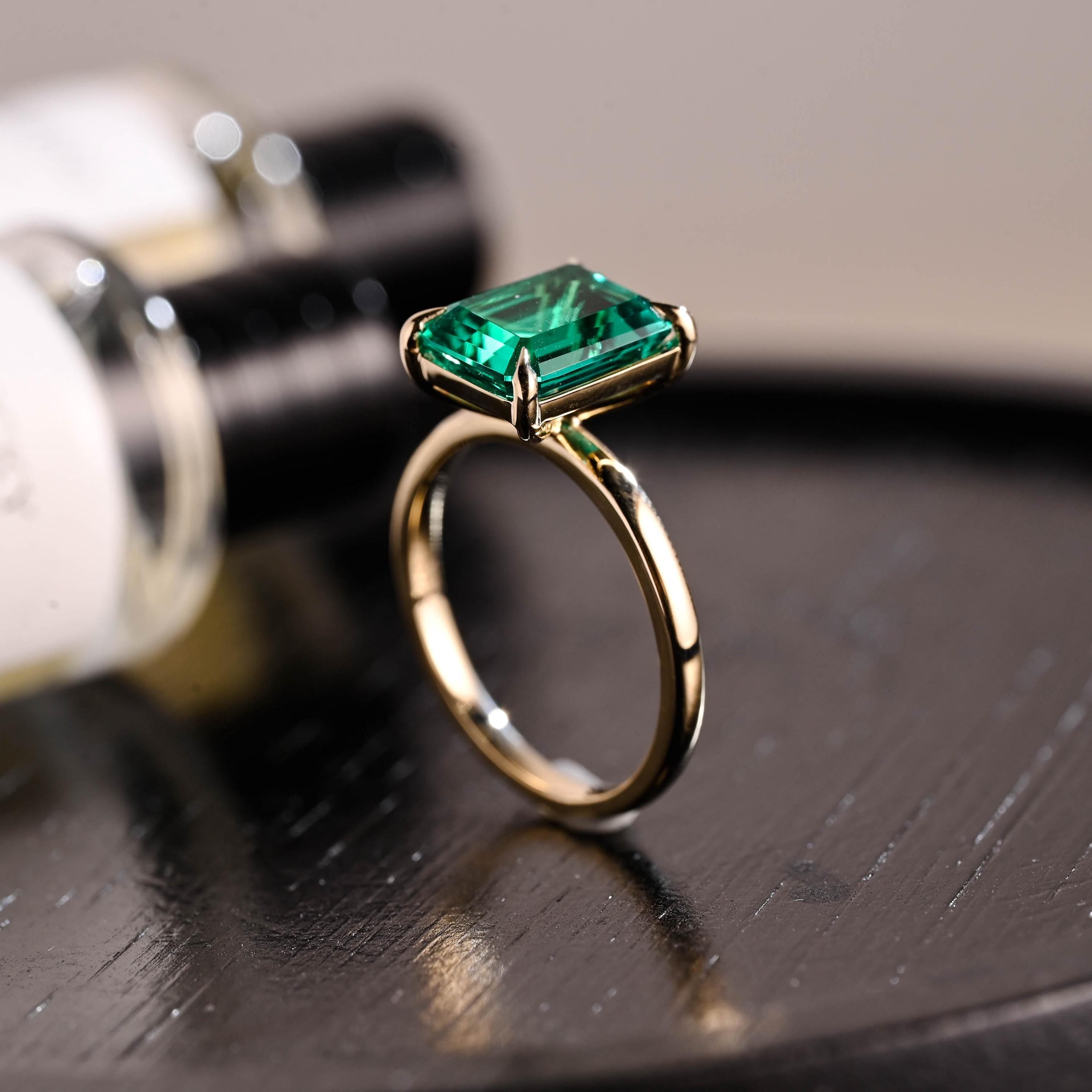 Solid Gold Lab Grown Emerald Engagement Ring, Solitaire Emerald Wedding Ring, Anniversary Gemstone Ring, Classic Emerald Birthstone Ring