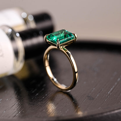 Solid Gold Lab Grown Emerald Engagement Ring, Solitaire Emerald Wedding Ring, Anniversary Gemstone Ring, Classic Emerald Birthstone Ring