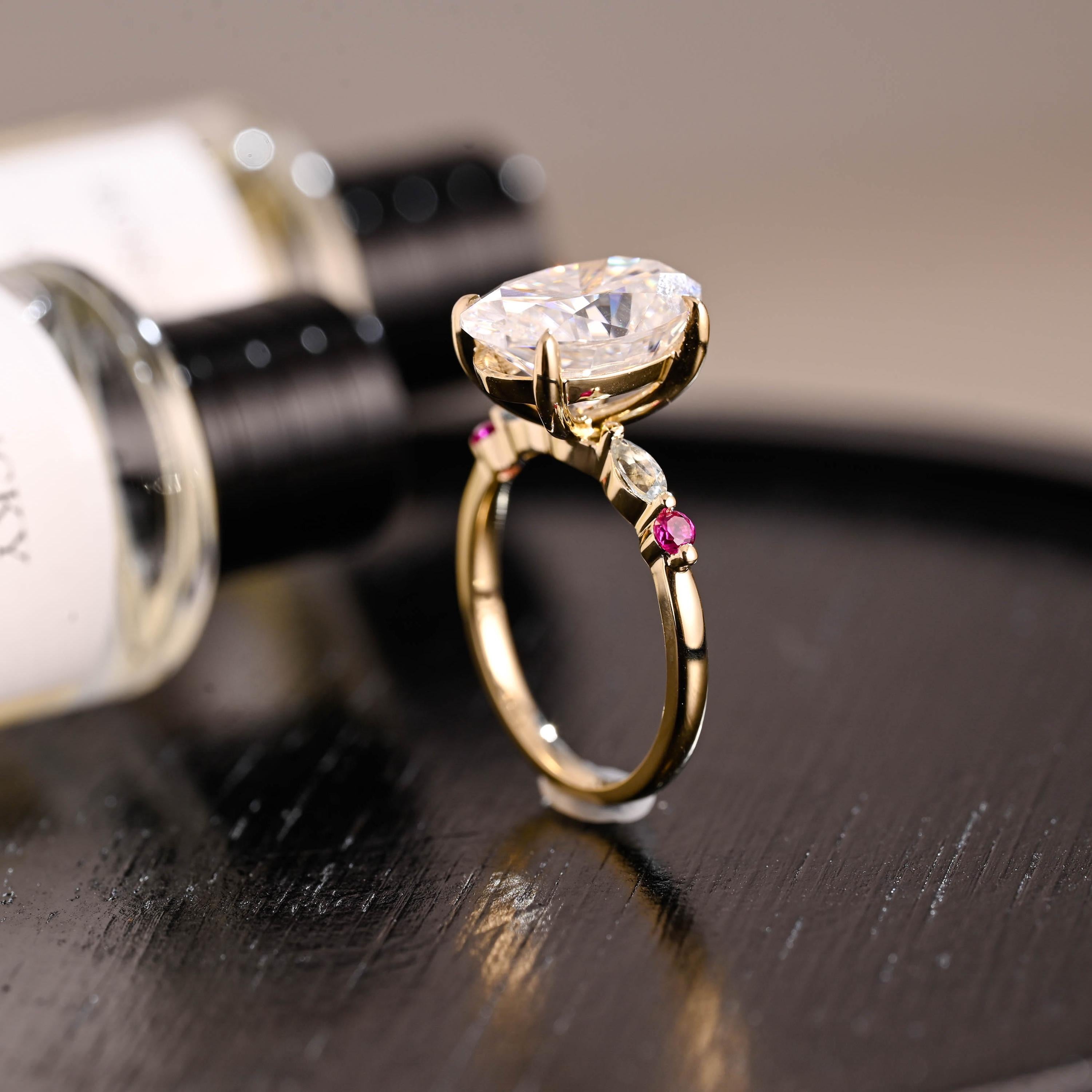 Solid Gold Lab Grown Aquamarine & Ruby Accented Oval Cut Moissanite Engagement Ring
