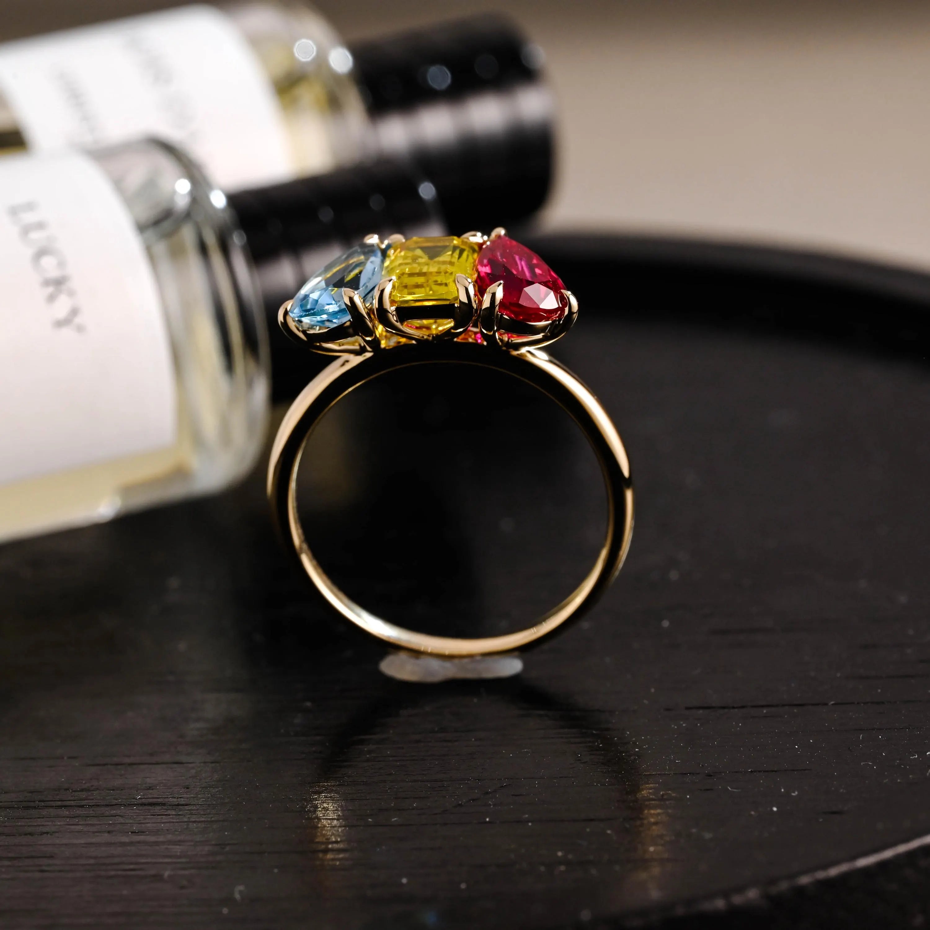 Solid Gold Pear Ruby & Emerald Cut Yellow Lab Grown Sapphire and Pear Blue Topaz Engagement Ring