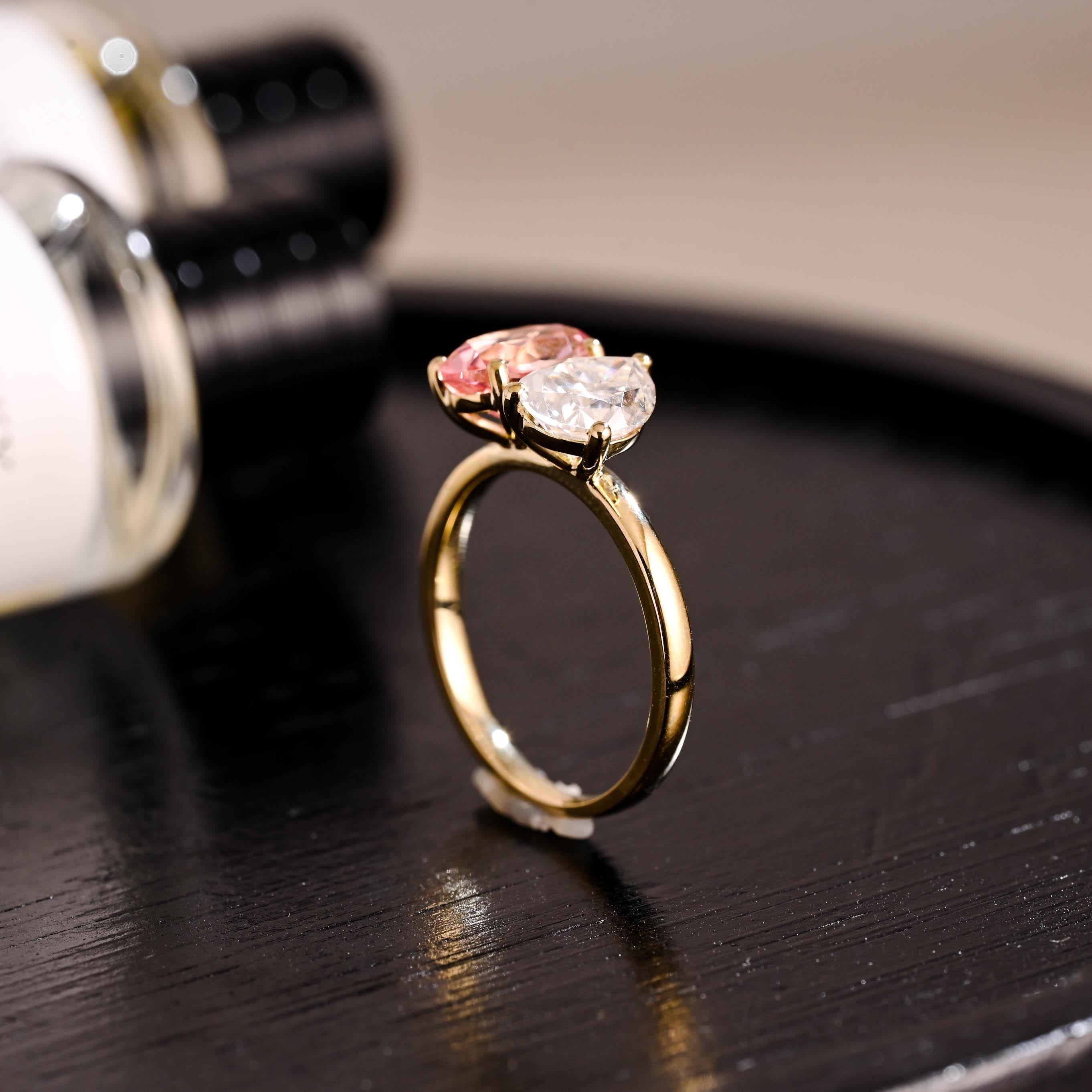 Lab Grown Pink Sapphire Oval Cut Toi et Moi Ring, Solid Gold Memorial Two Stone Engagement Ring