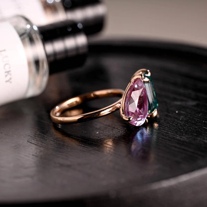 Solid Gold Lab Grown Emerald Toi et Moi Wedding Ring, Pear Alexandrite Two Stone Engagement Ring