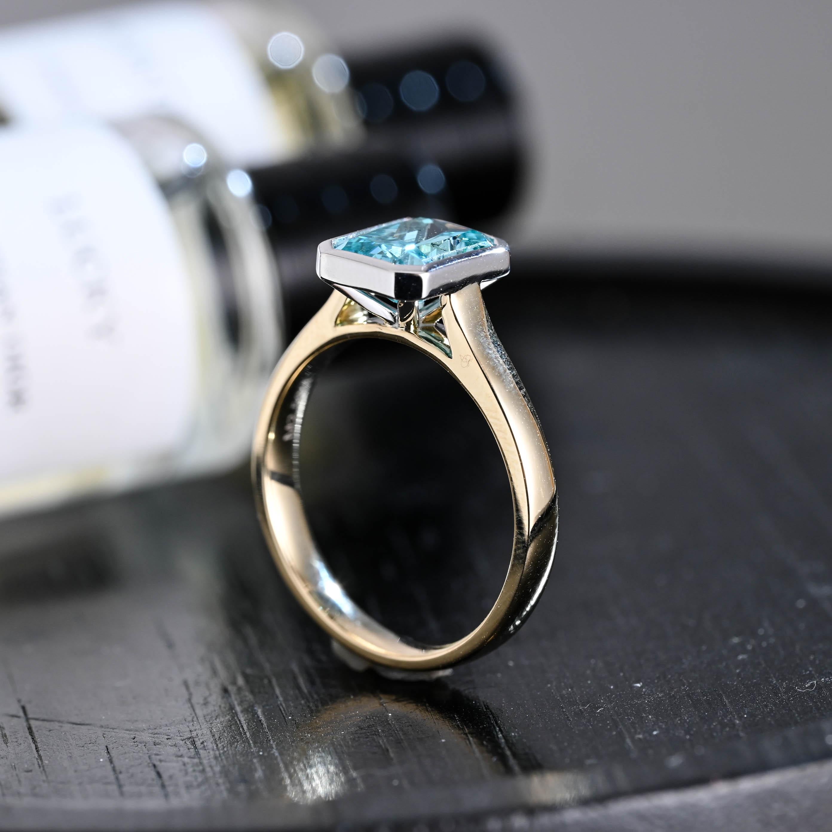 Solid Gold Radiant Cut Aquamarine Color Sapphire Engagement Ring, Two Tone Bezel Proposal Ring