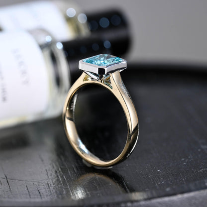 Solid Gold Radiant Cut Aquamarine Color Sapphire Engagement Ring, Two Tone Bezel Proposal Ring