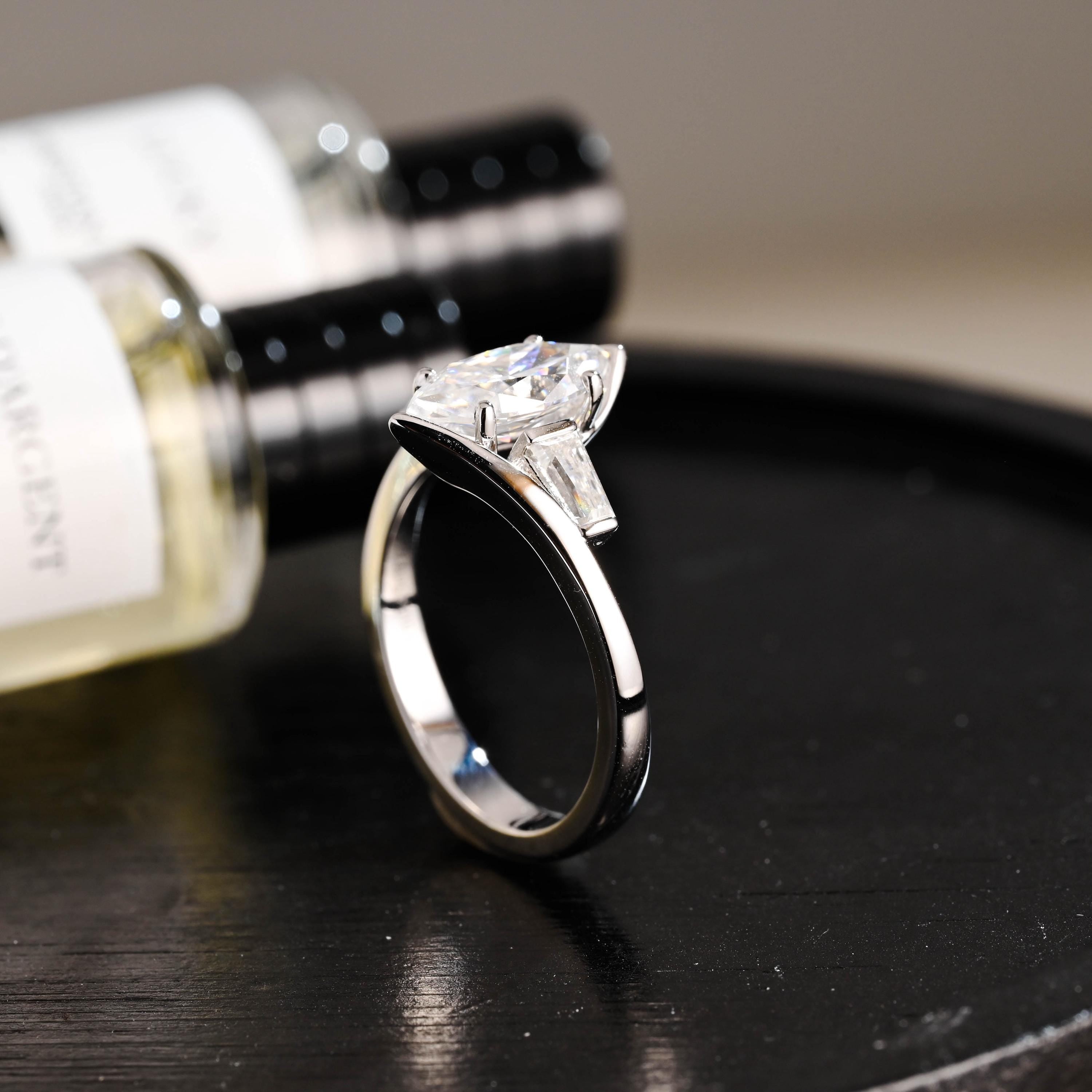 Solid Gold Bypass Marquise Moissanite Ring, Trapezoid Accent Stones, Statement Ring