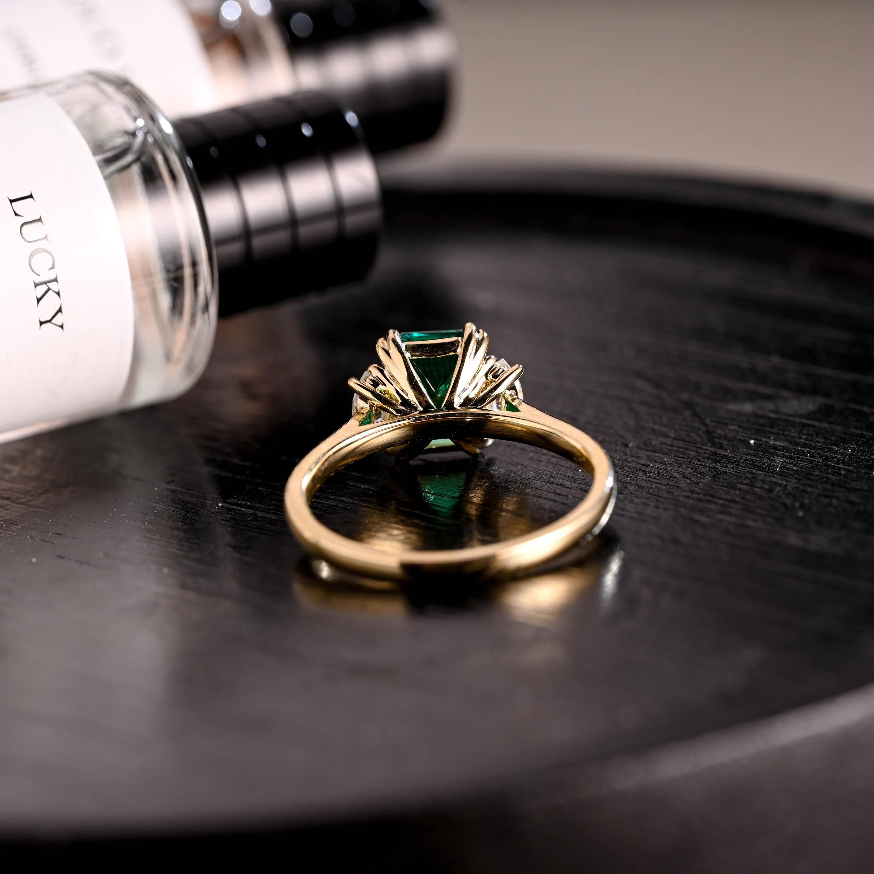 Lab Grown Emerald Engagement Ring, Three Stone Moissanite Wedding Ring, Anniversary Emerald Gemstone Ring, Moissanite Ring, Marquise Ring