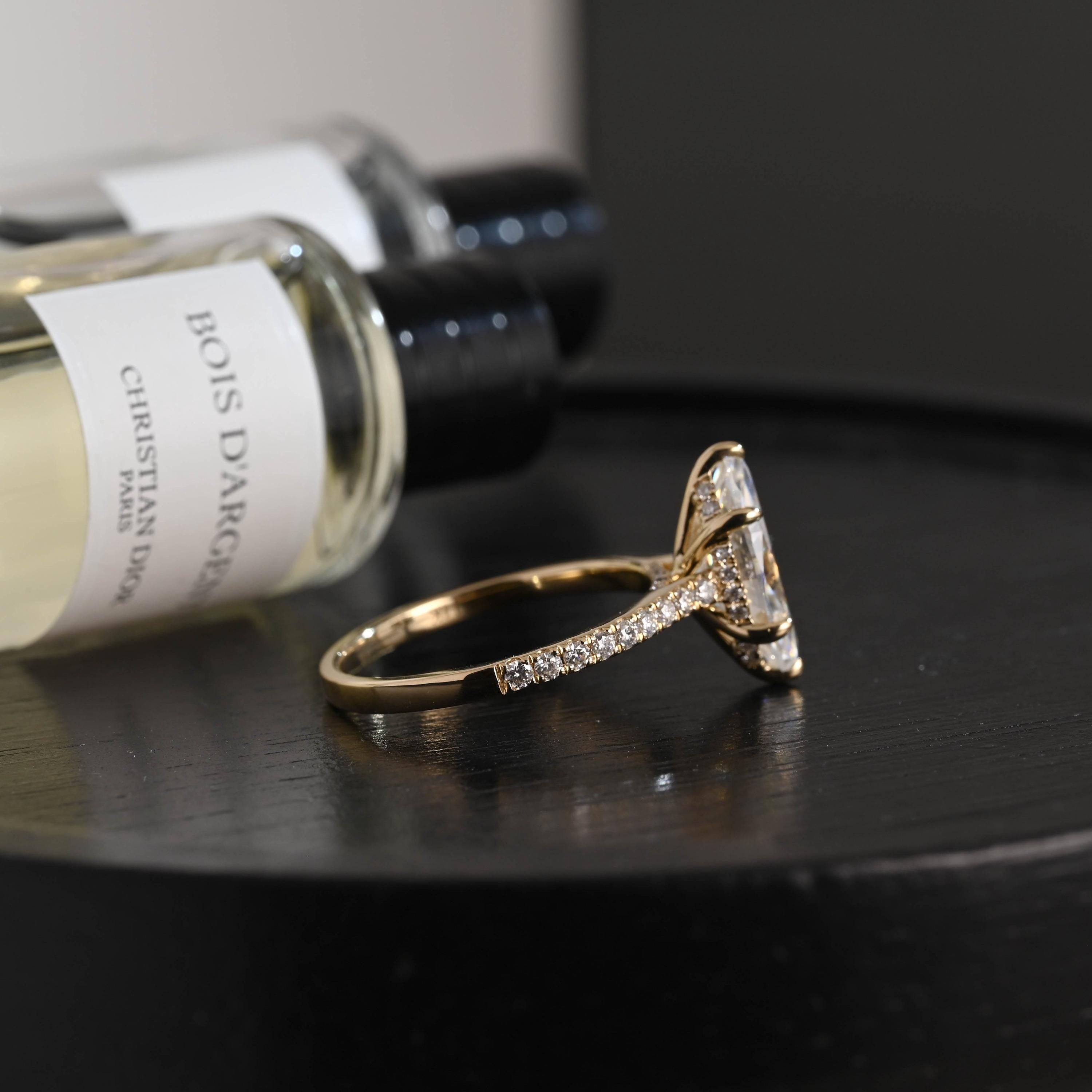 Solid Gold Marquise Cut Moissanite Engagement Ring, Pave Hidden Halo Wedding Ring
