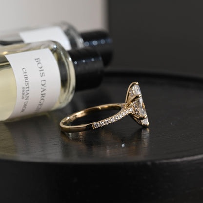 Solid Gold Marquise Cut Moissanite Engagement Ring, Pave Hidden Halo Wedding Ring