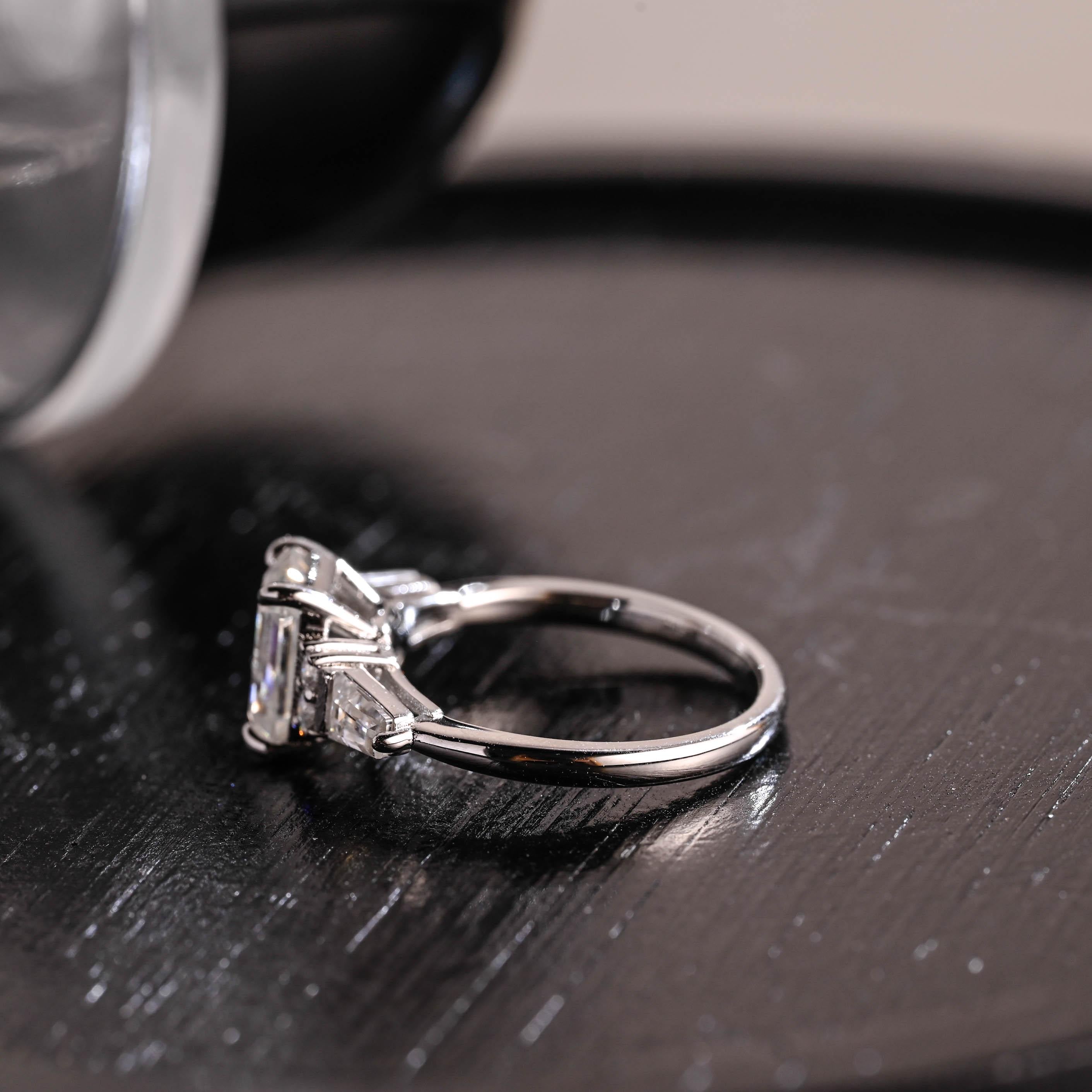 Solid Gold Three Stone Emerald Cut Moissanite Engagement Ring, Trapezoid Accents Emerald Cut Wedding Ring, Anniversary Ring, Moissanite Gift