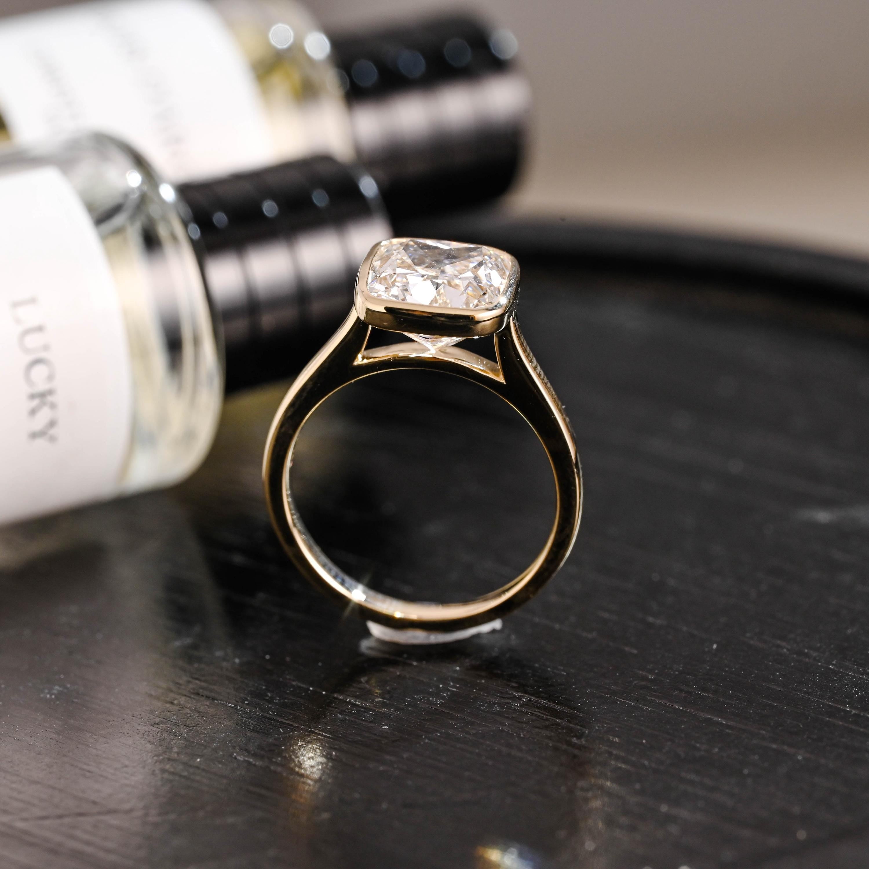 Solid Gold Bezel Elongated Cushion Cut Moissanite Engagement Ring, Proposal Ring, Promise Ring