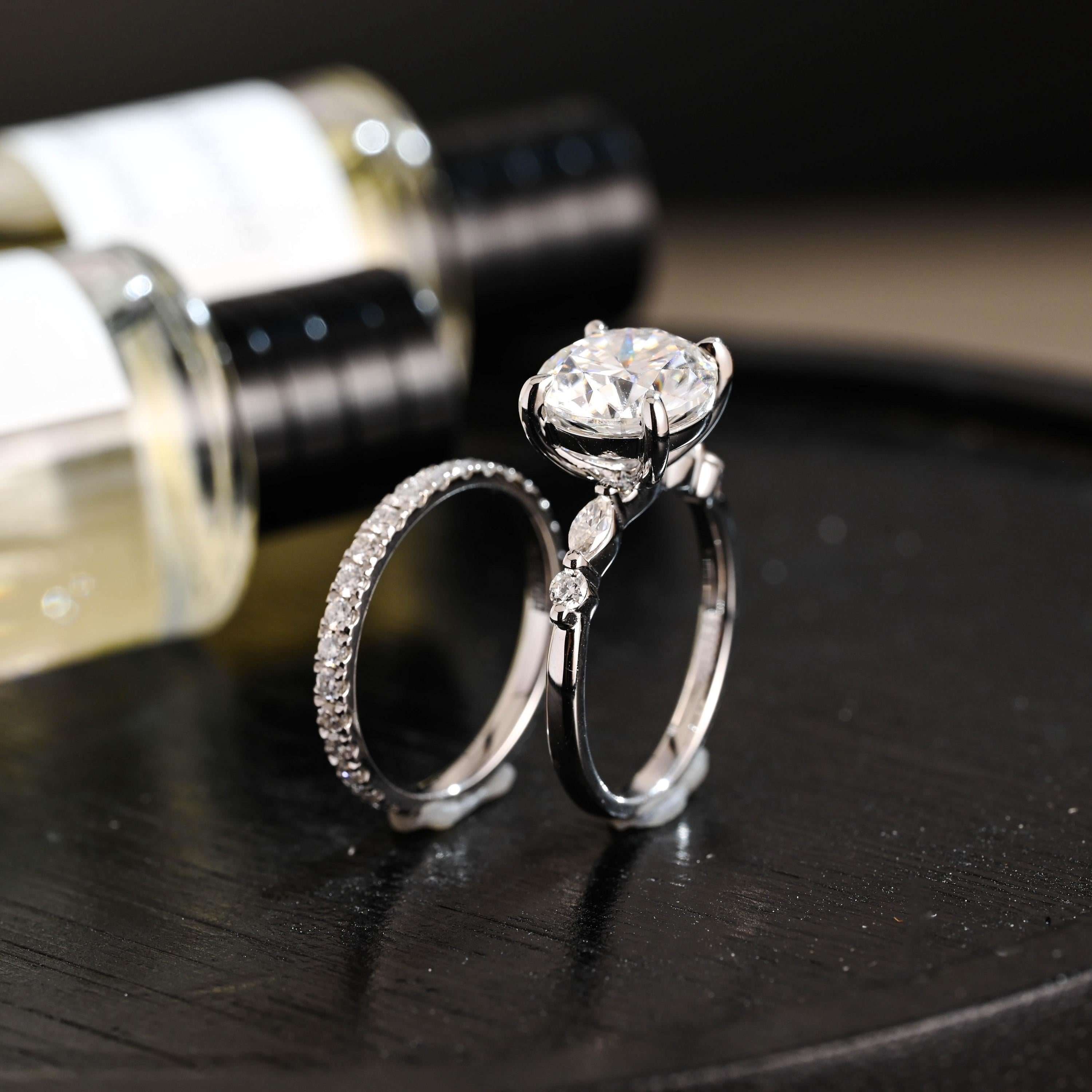 Solid Gold Round Moissanite Engagement Ring Set, Wedding Ring Set, Half Eternity Ring Bridal Set