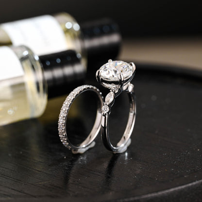 Solid Gold Round Moissanite Engagement Ring Set, Wedding Ring Set, Half Eternity Ring Bridal Set