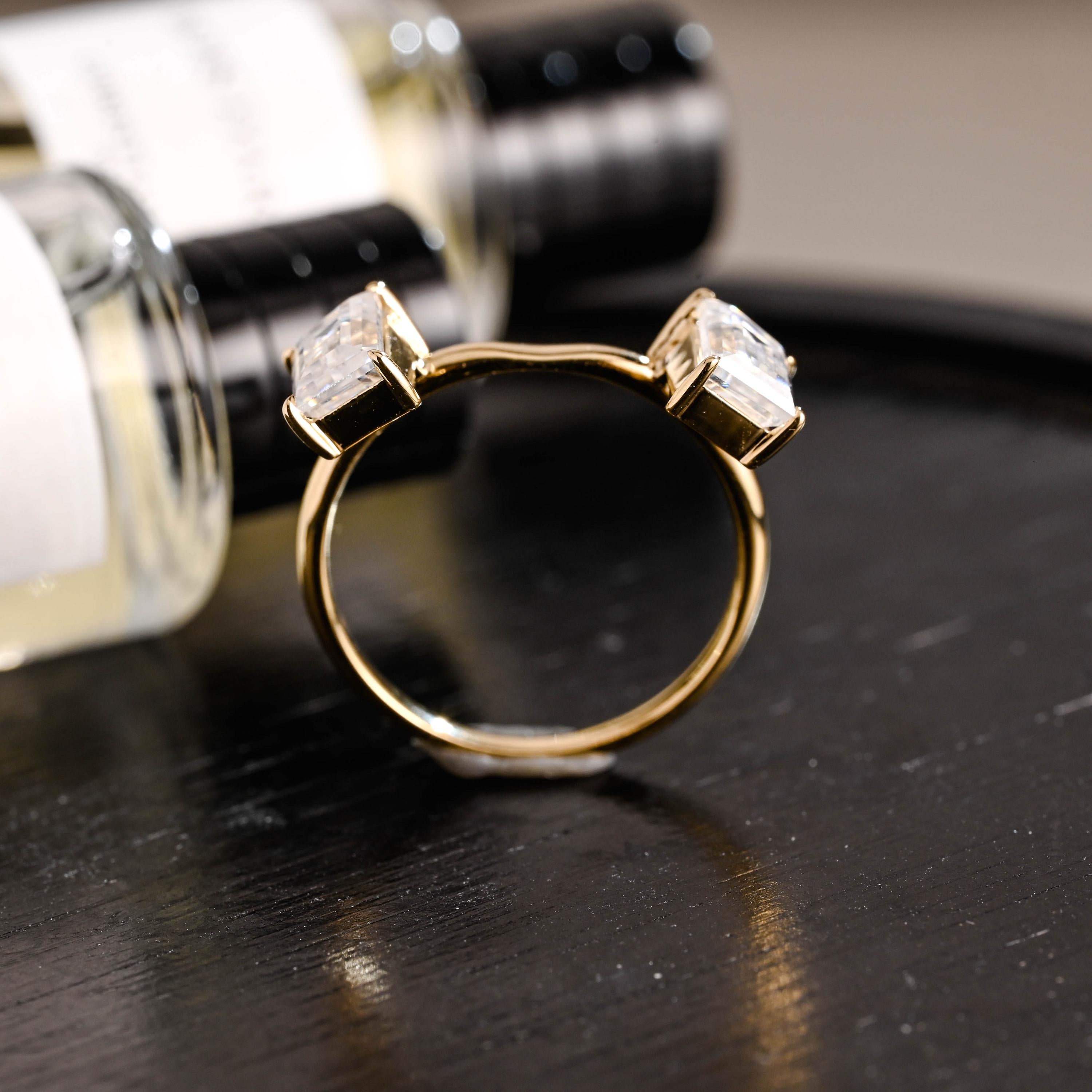 Solid Gold Trapezoid Moissanite Wedding Band, Matching Ring