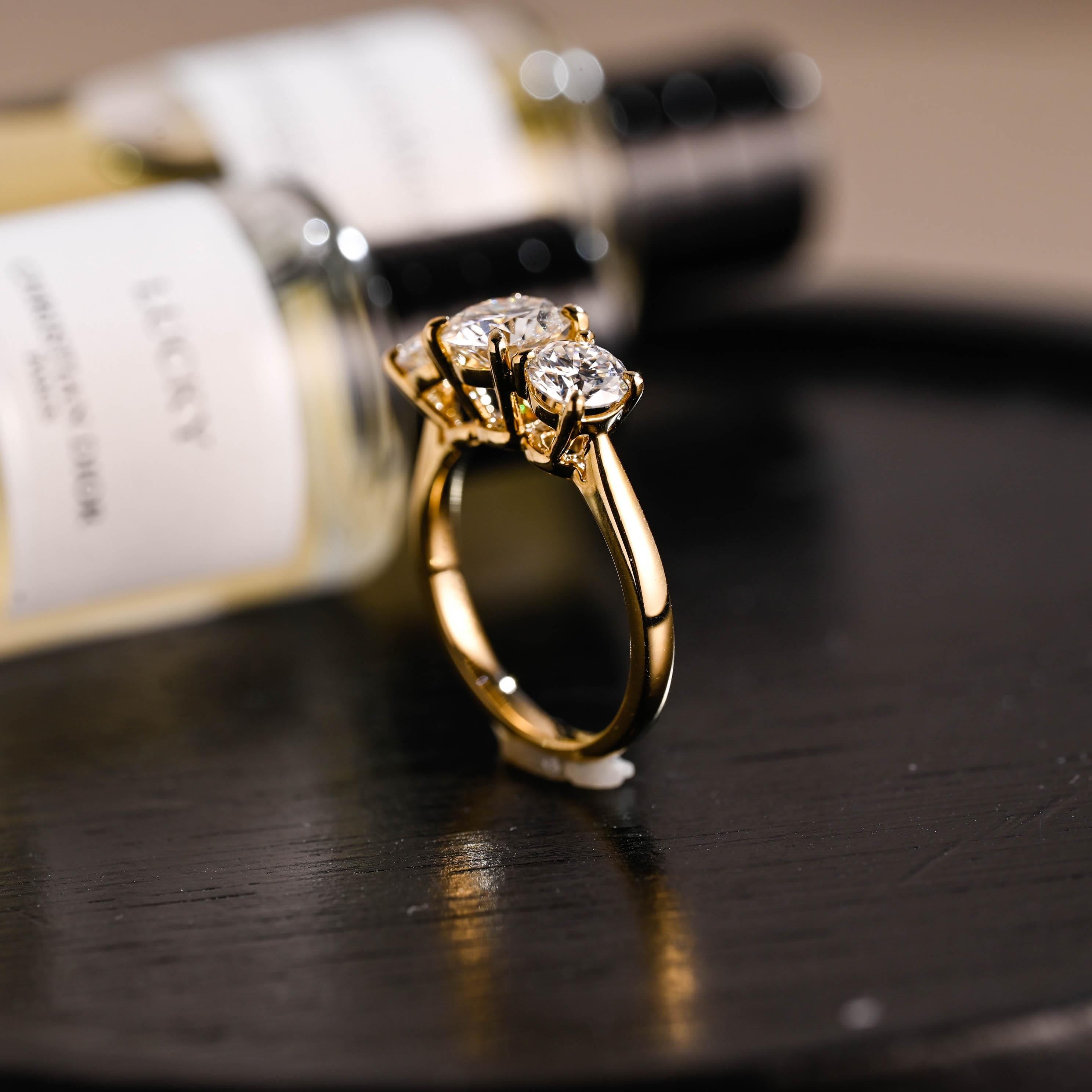 Solid Gold Three Stone Round Cut Moissanite Engagement Ring, Commitment Ring, Anniversary Gift for Women Wife