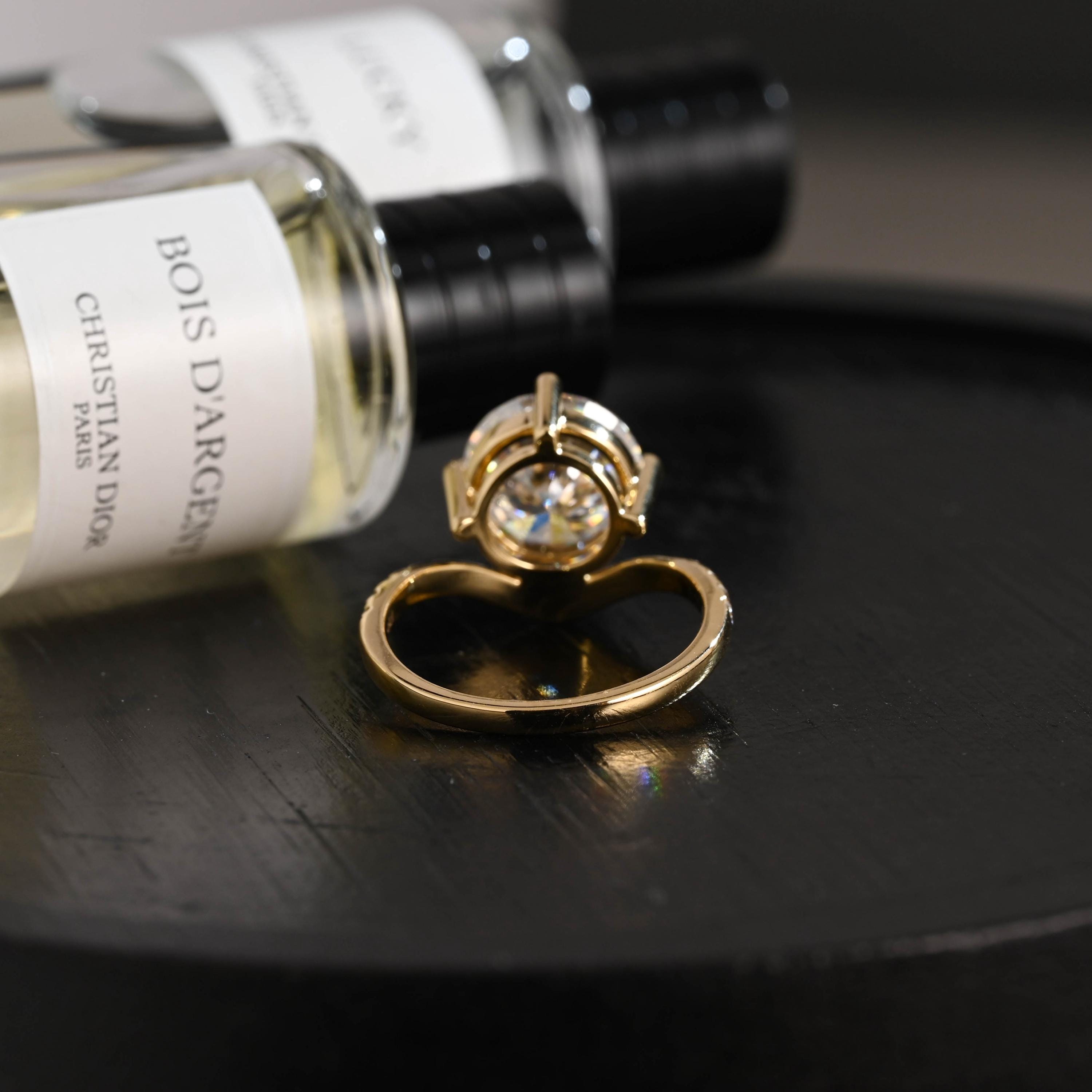Solid Gold Round Cut Moissanite Sandwich Setting Engagement Ring, Wedding Ring