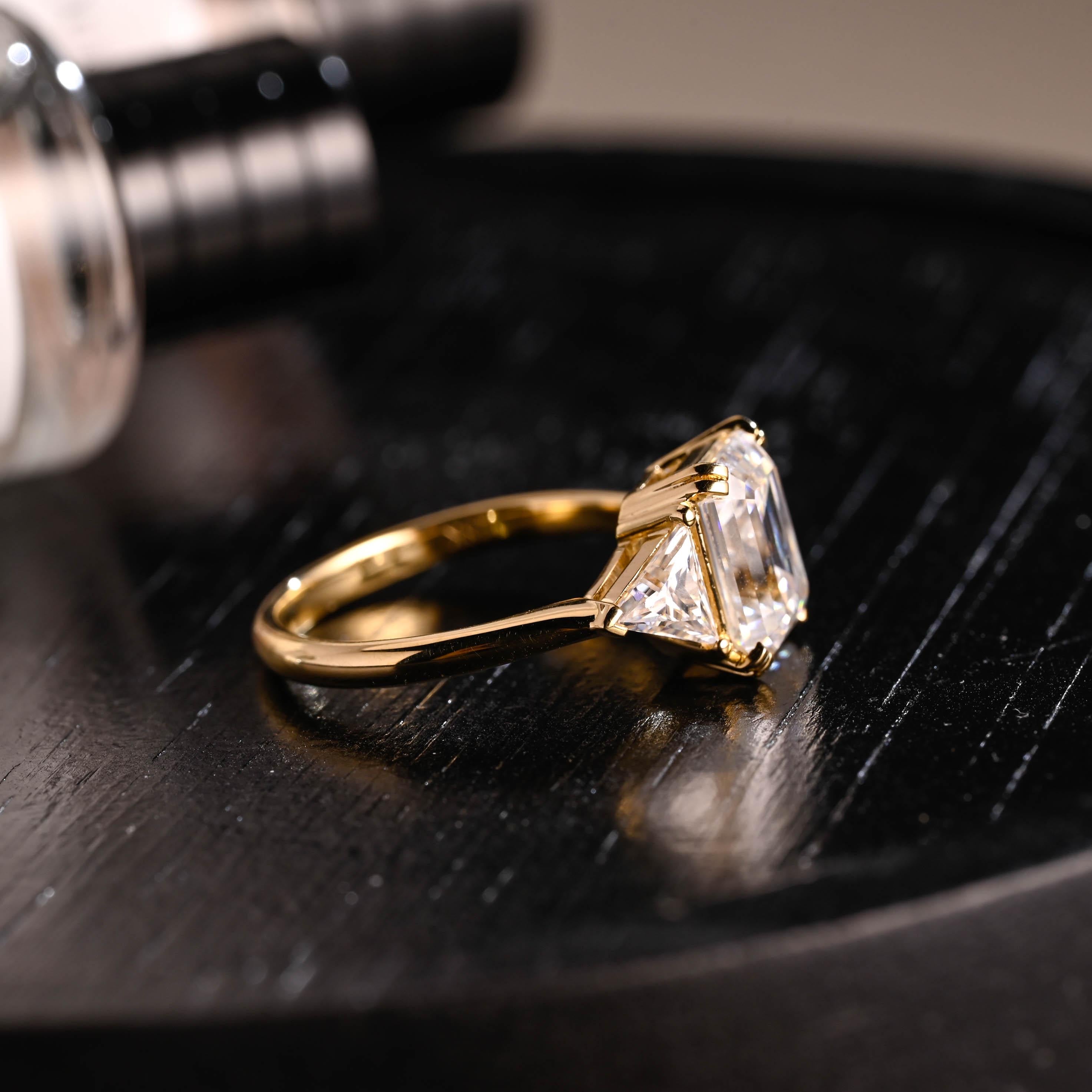 Three Stone Emerald Cut Moissanite Engagement Ring, Solid Gold Emerald Cut Moissanite Wedding Ring, Anniversary Ring, Double Claws Prong
