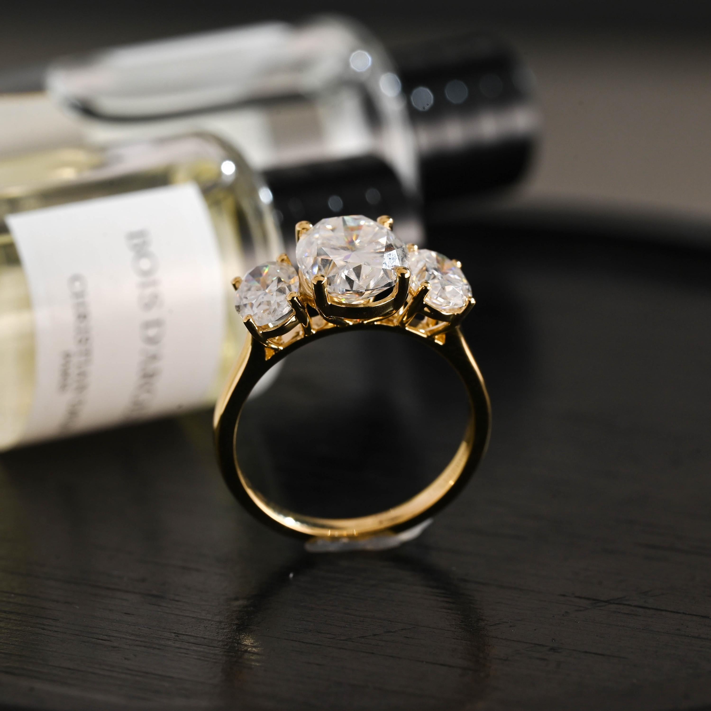 Solid Gold Three Stone Oval Moissanite Engagement Ring, Anniversary Gift Birthday Gift for Women