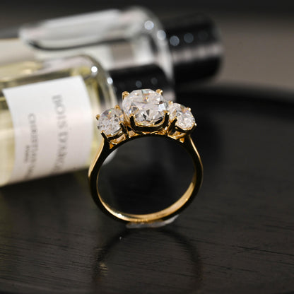 Solid Gold Three Stone Oval Moissanite Engagement Ring, Anniversary Gift Birthday Gift for Women