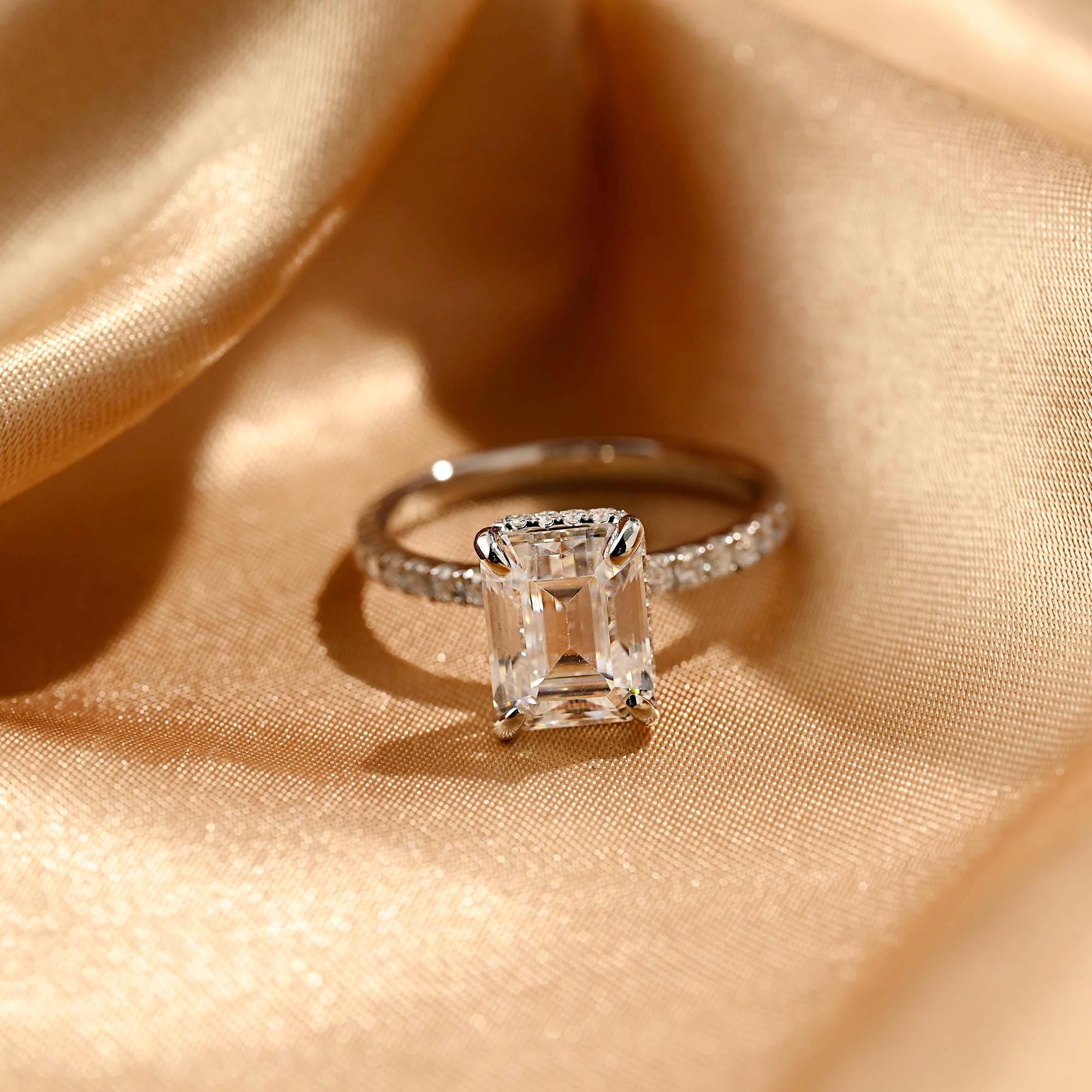 Half Eternity Emerald Cut Moissanite Engagement Ring, Solid Gold Hidden Halo Pave Emerald Cut Moissanite Wedding Ring, Anniversary Ring
