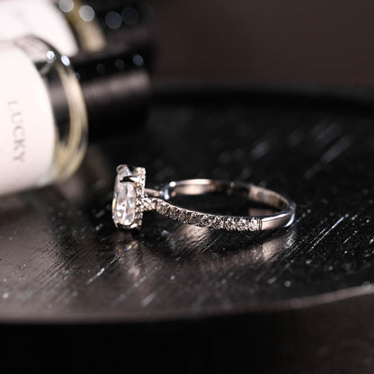 Solid Gold High Profile Oval Cut Moissanite Engagement Ring, Hidden Halo Wedding Ring