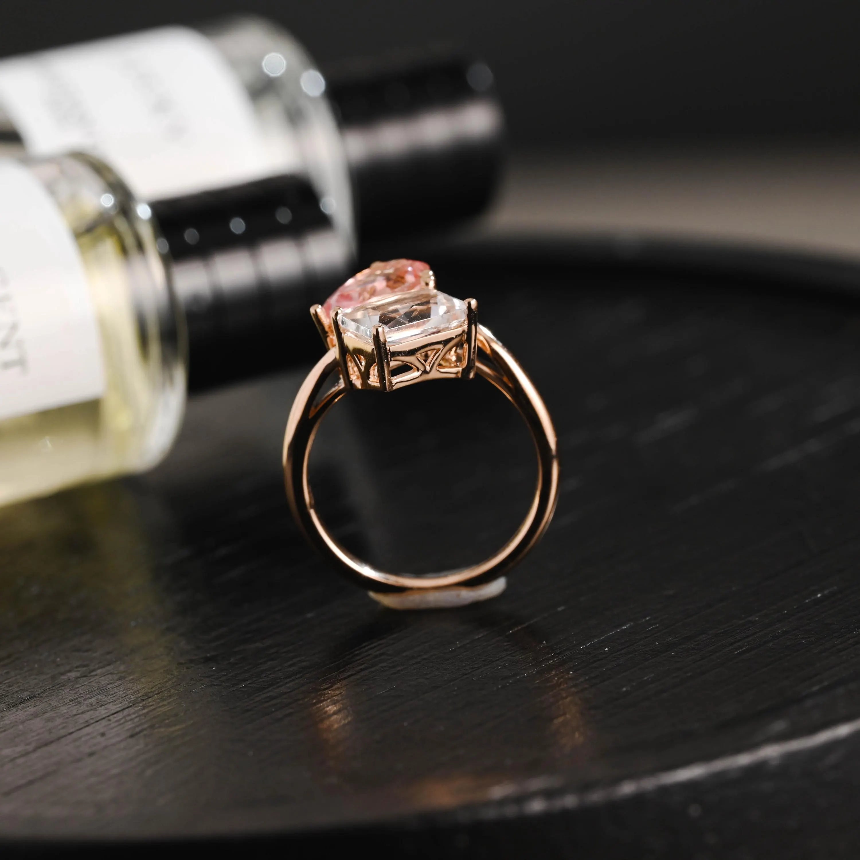 Solid Gold Toi et Moi Lab Grown Pink Sapphire & Emerald Cut Two Stone Moissanite Engagement Ring