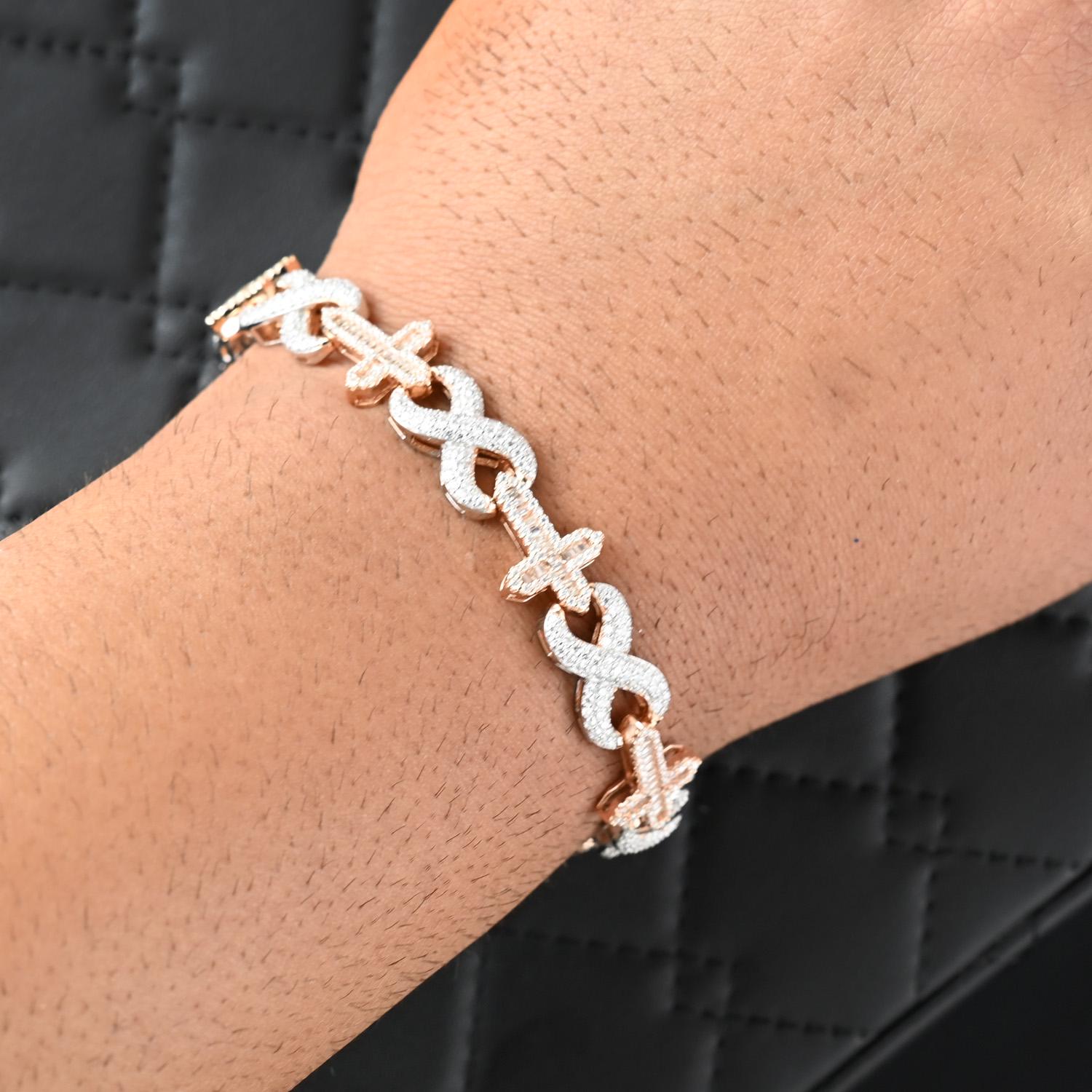 Moissanite Infinity Cross Bracelet: Two-Tone Rose Gold, 925 Sterling Silver