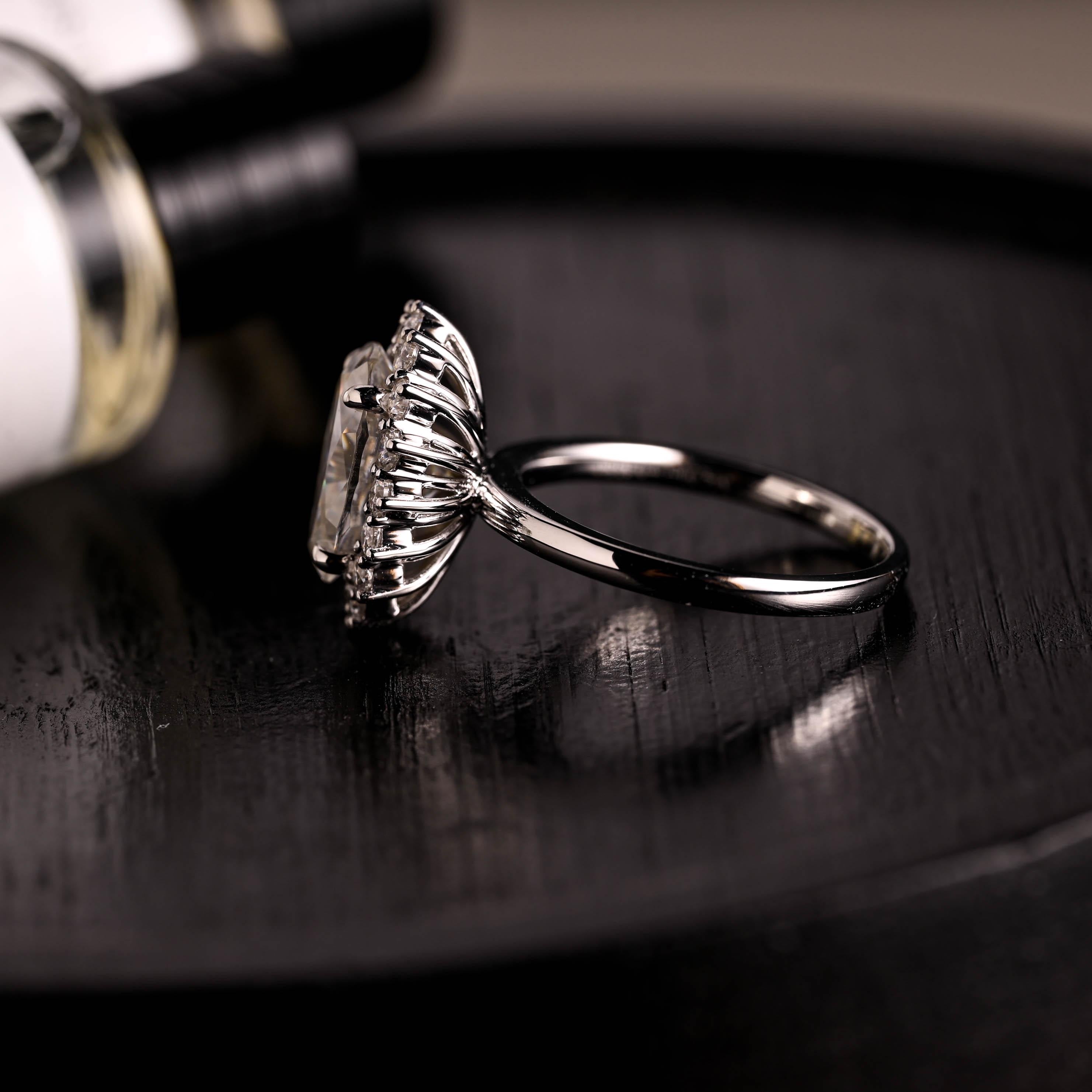 Solid Gold Starburst Oval Cut Moissanite Engagement Ring, Halo Wedding Ring