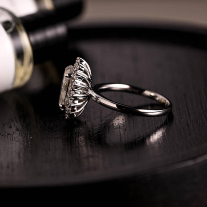 Solid Gold Starburst Oval Cut Moissanite Engagement Ring, Halo Wedding Ring