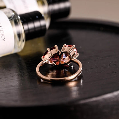 Toi et Moi Heart Garnet Ring Engagement Ring, Lab Pink Pear Sapphire Solid Gold Wedding Ring