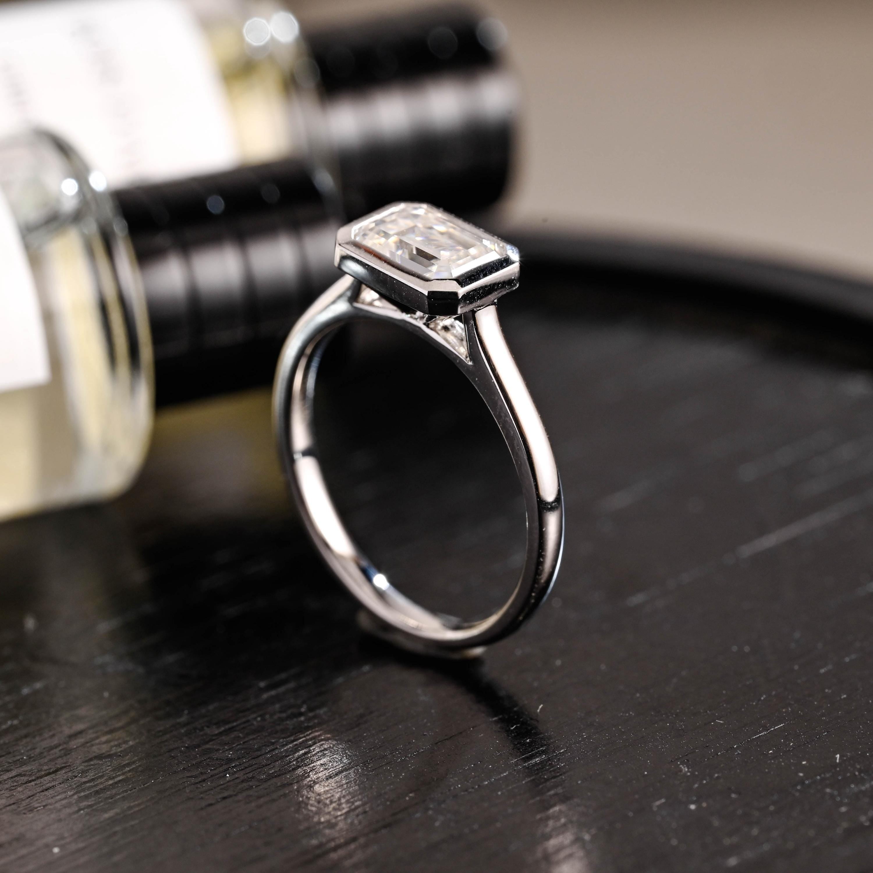 Solid Gold Emerald Cut Moissanite Engagement Ring, Bezel Proposal Ring, Promise Ring, Anniversary Gift for Birthday Gift Women