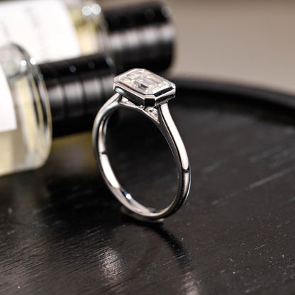 Solid Gold Emerald Cut Moissanite Engagement Ring, Bezel Proposal Ring, Promise Ring, Anniversary Gift for Birthday Gift Women