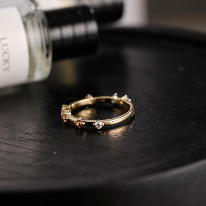 Solid Gold Moissanite Wedding Band, Pink Blue Orange Ring