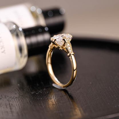 Solid Gold Filigree Elongated Beaded Milgrain Cushion Cut Moissanite Engagement Ring, Anniversary Ring