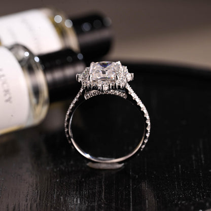 Solid Gold Radiant Cut Moissanite Engagement Ring, Halo Pave Vintage Style Cathedral Setting