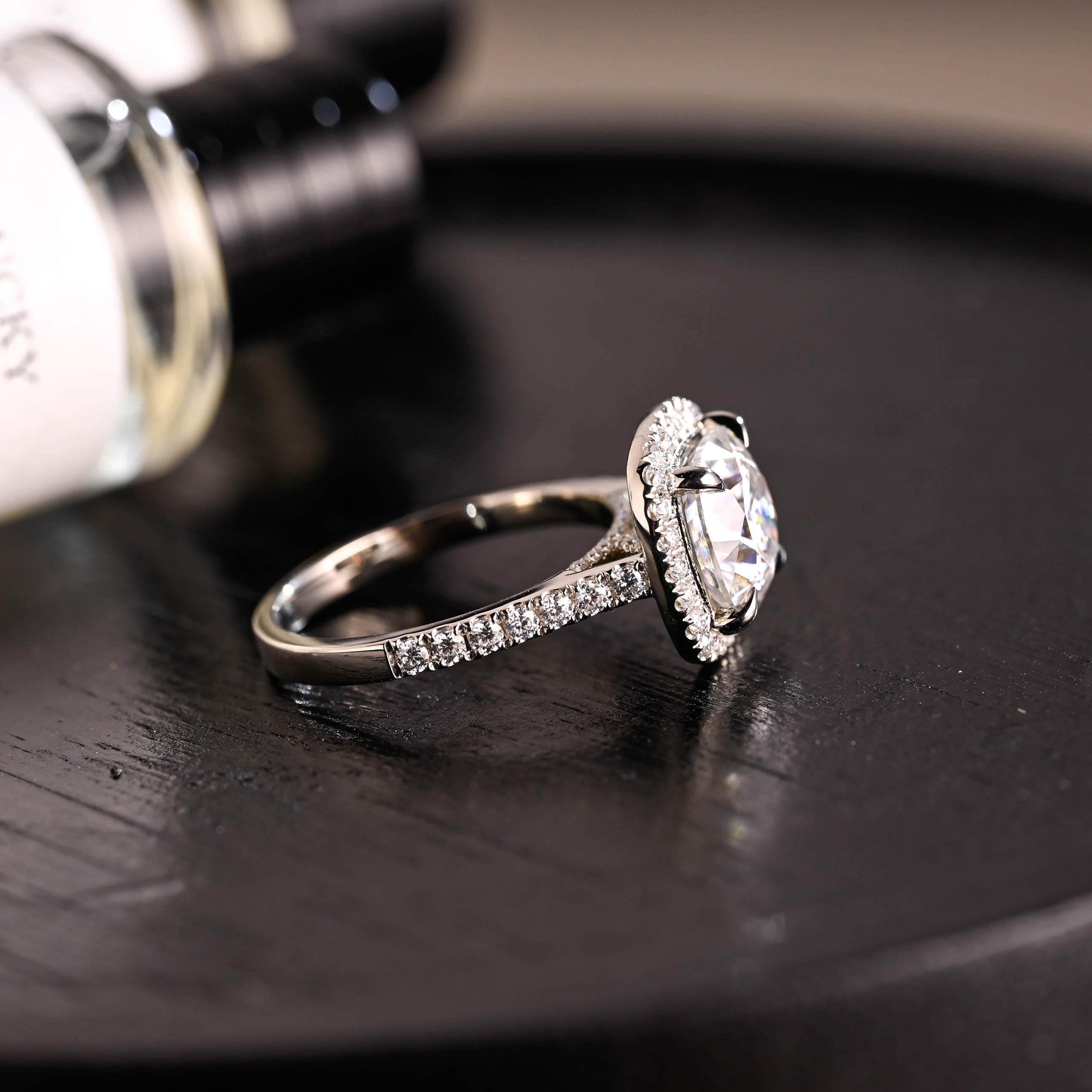 Solid Gold Cushion Cut Moissanite Engagement Ring, Halo Cushion Cut Wedding Ring, Half Pave Anniversary Ring, Bridge Halo Moissanite Ring