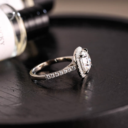 Solid Gold Cushion Cut Moissanite Engagement Ring, Halo Cushion Cut Wedding Ring, Half Pave Anniversary Ring, Bridge Halo Moissanite Ring