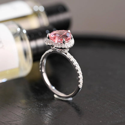 Solid Gold Heart Cut Pink Moissanite Engagement Ring, Hidden Halo Proposal Ring,Wedding Ring