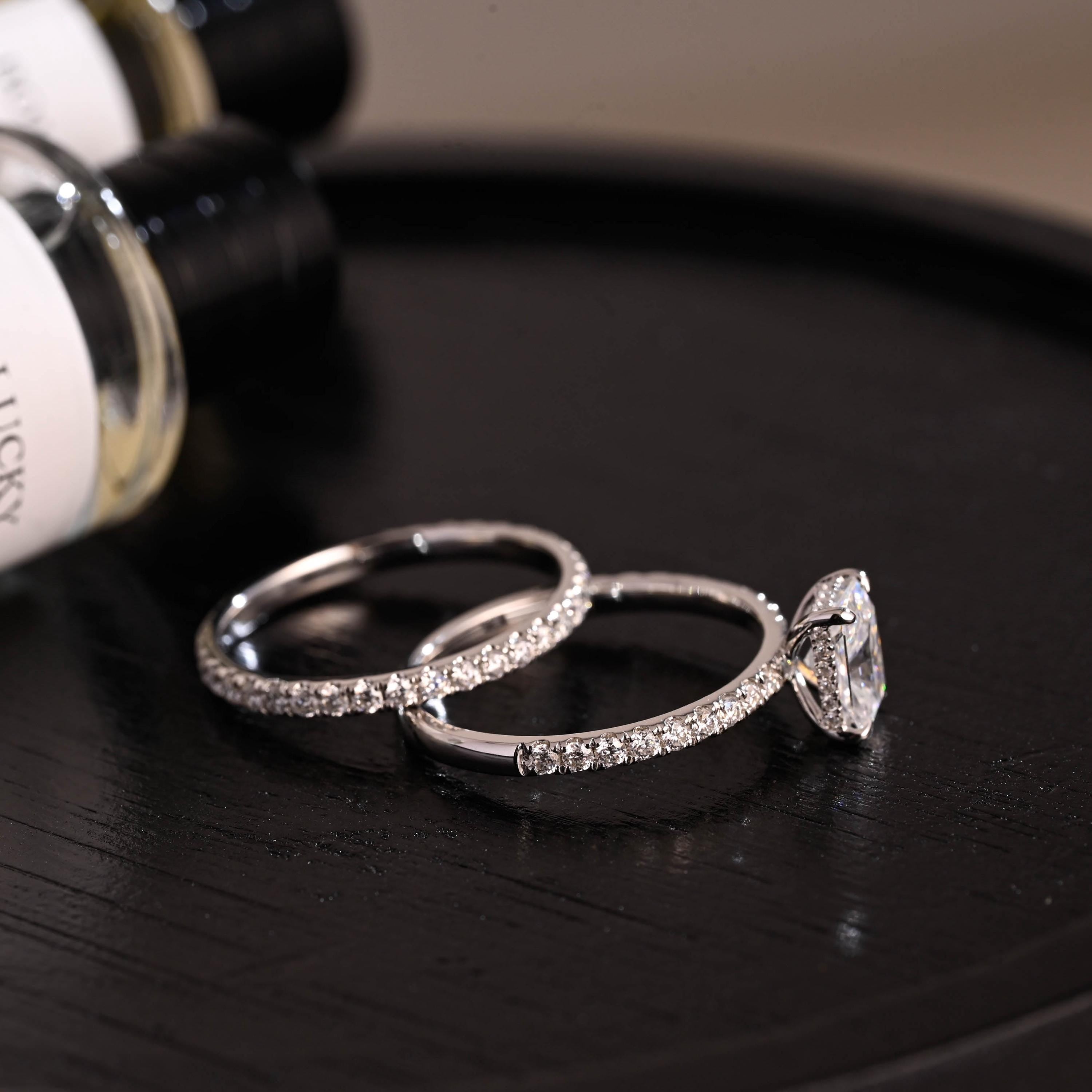 Solid Gold Hidden Halo Radiant Cut Moissanite Engagement Ring Set, Full Eternity Band, Bridal Set