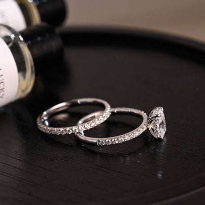 Solid Gold Hidden Halo Radiant Cut Moissanite Engagement Ring Set, Full Eternity Band, Bridal Set