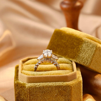 Solid Gold Three Stone Oval Cut Moissanite Engagement Ring Set, Half Eternity Ring Bridal Set