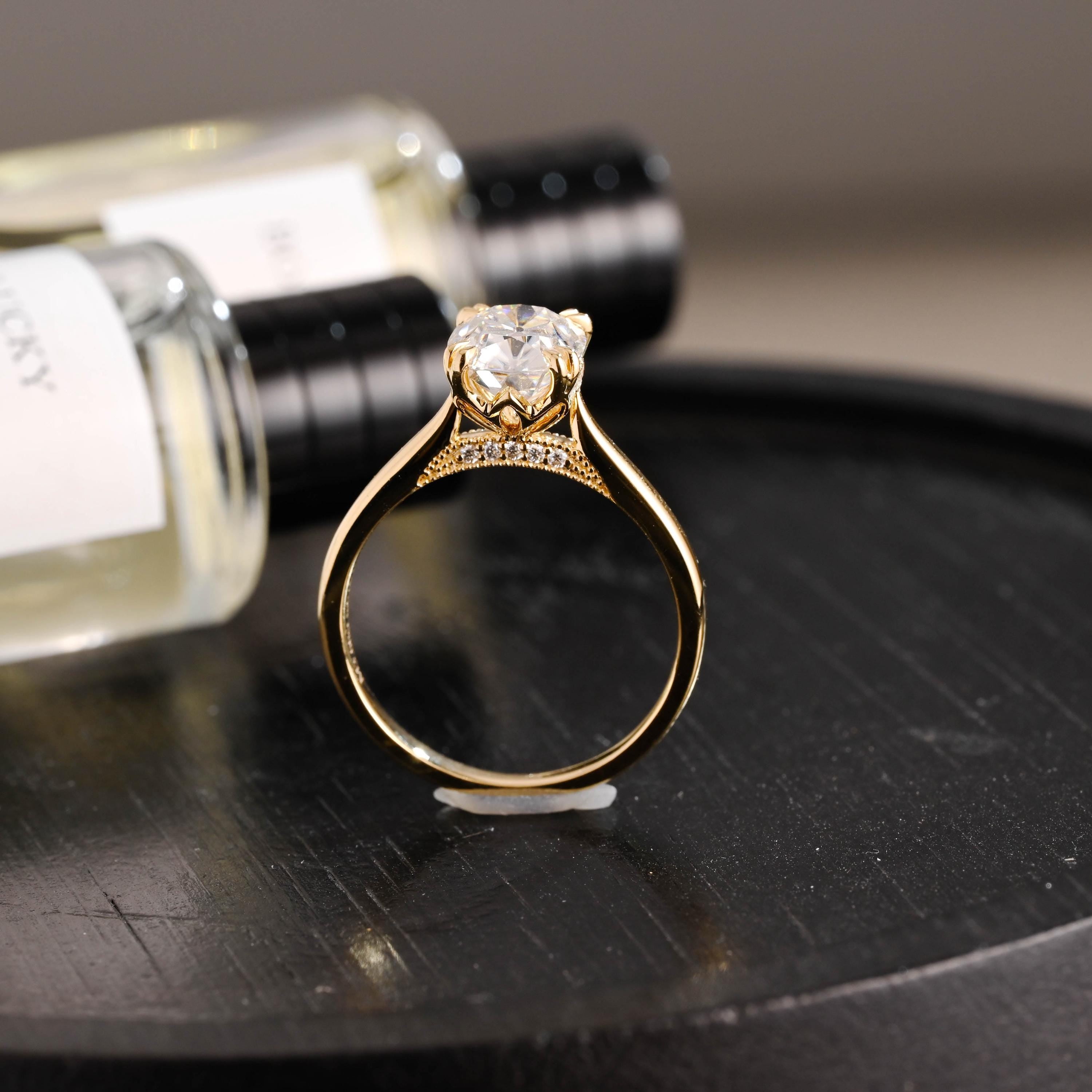 Hidden Halo Elongated Cushion Moissanite Engagement Ring, Solid Gold Proposal Ring, Promise Ring, Wedding Ring, Anniversary Gift for Women