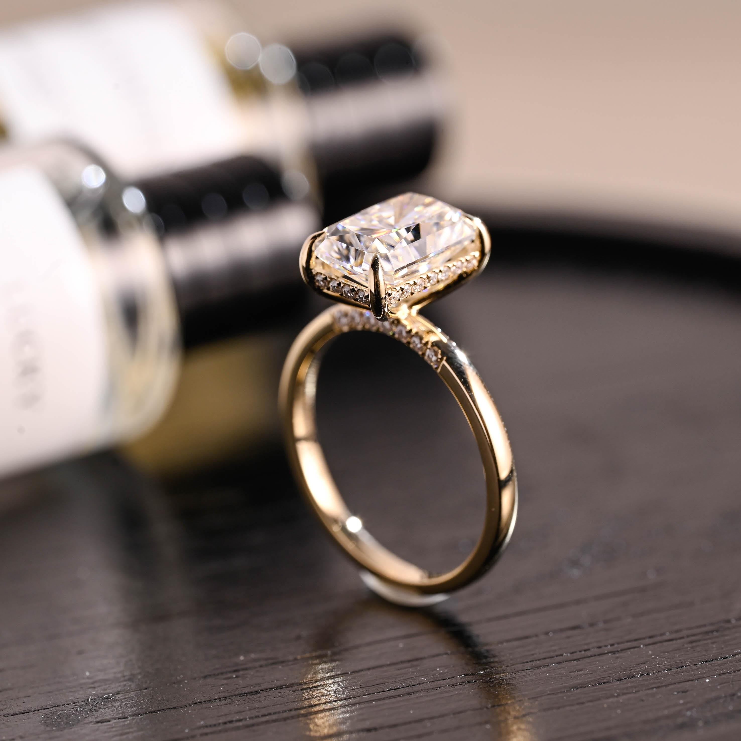 Solid Gold Hidden Halo Radiant Cut Moissanite Engagement Ring, Anniversary Ring for Her